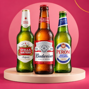 Stella Artois, Budweiser and Peroni beer bottles on a pink background