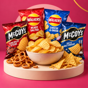 Walkers and McCoy's crisps and snacks on a pink background