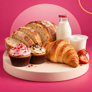Fresh bread, cakes, milk and chilled food on a pink background