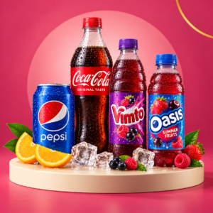 Pepsi, Coca-Cola, Vimto and Oasis soft drinks on a pink background